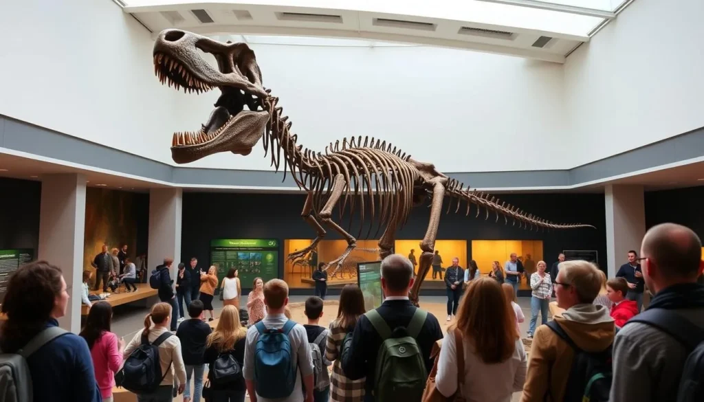 The interior of the Ulster Museum in Belfast showing the dinosaur exhibit with a large T-Rex skeleton and visitors