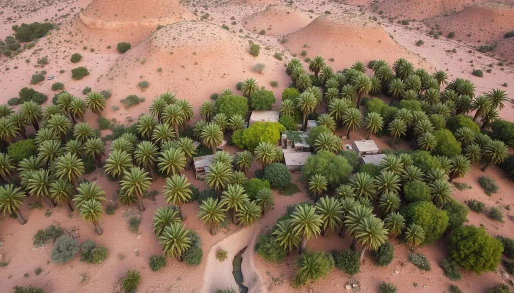 The lush palm trees of Fint Oasis contrasting with the surrounding desert landscape