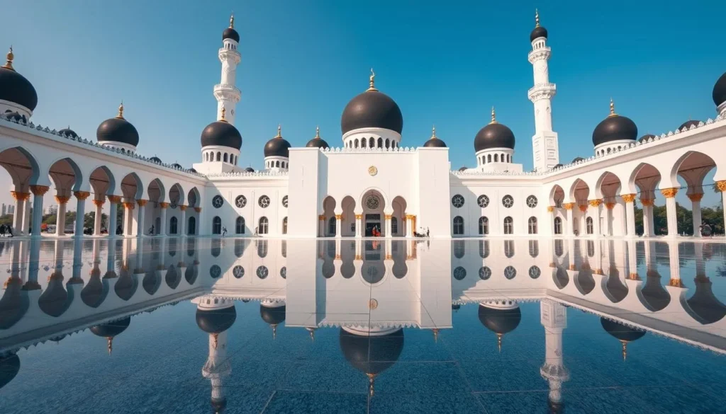 The magnificent Baiturrahman Grand Mosque with its black domes and white structure reflecting in water