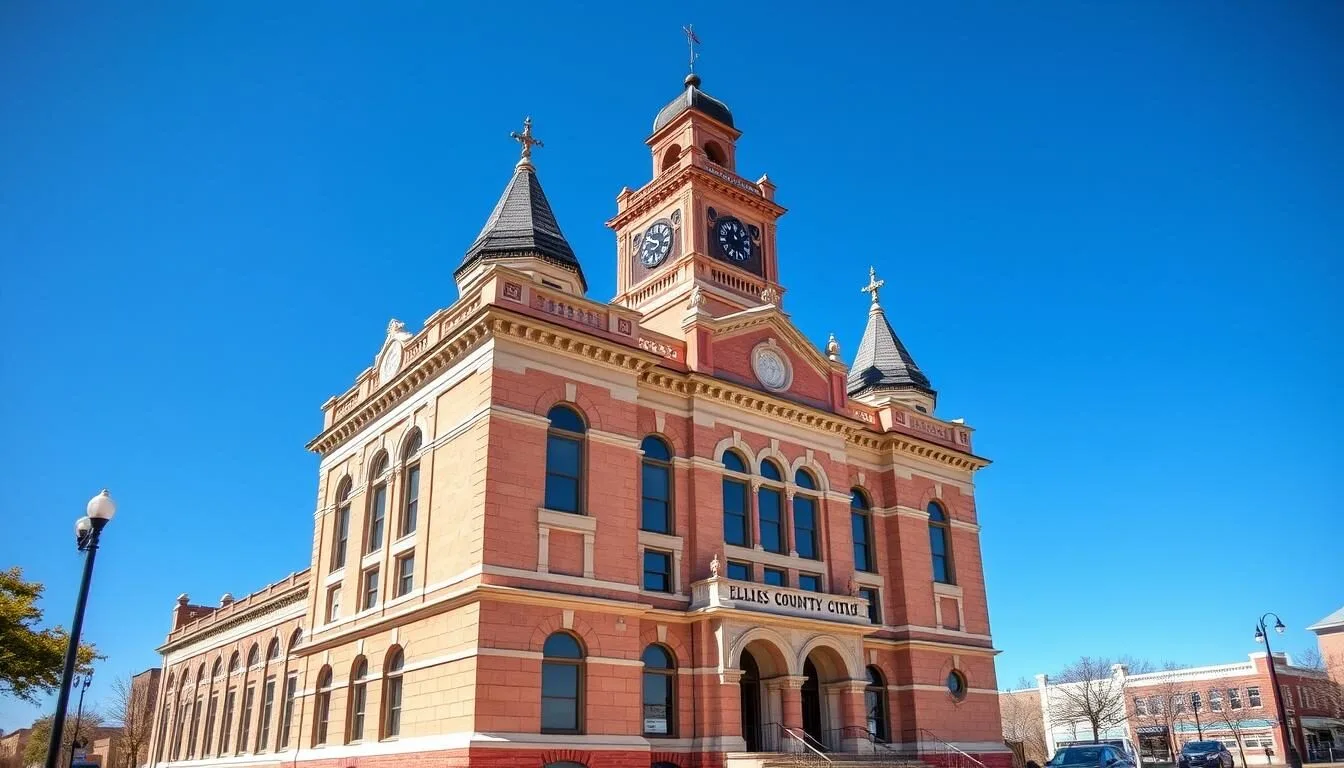 The magnificent Ellis County Courthouse in downtown Waxahachie, Texas, showcasing its stunning Richardsonian Romanesque architecture with pink granite and sandstone construction, ornate towers, and arches