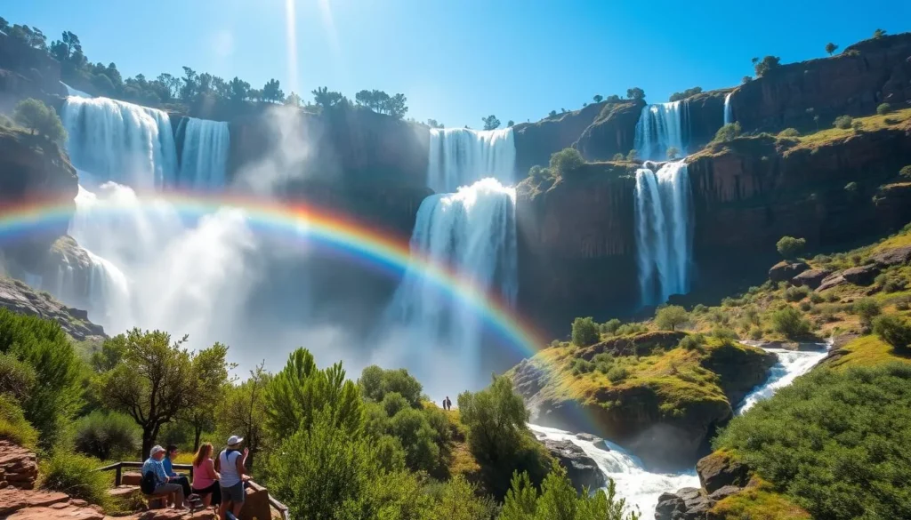 The magnificent Ouzoud Waterfalls with rainbow and lush vegetation