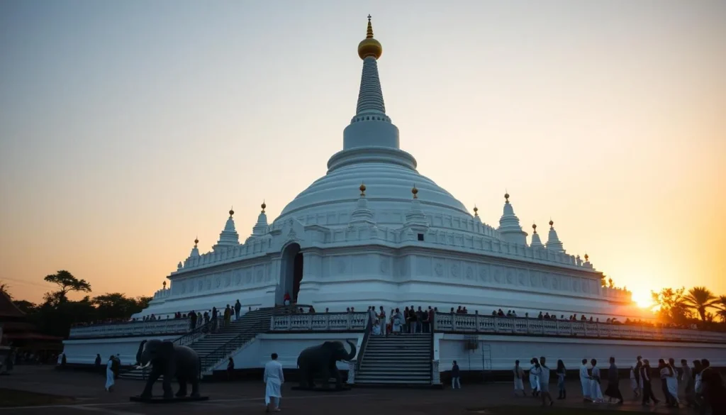The magnificent white Ruwanwelisaya Stupa in Anuradhapura glowing at sunset