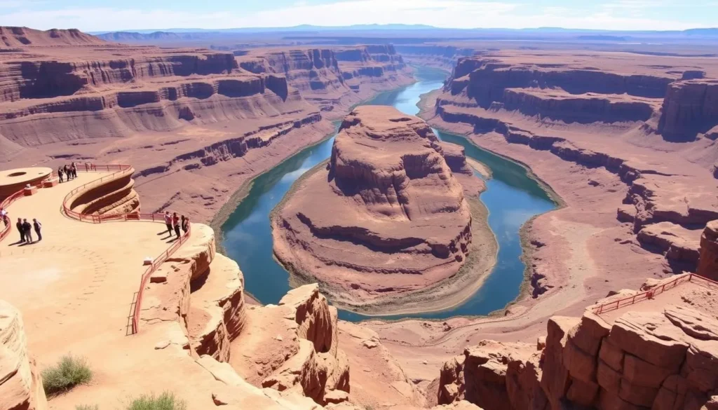 The main overlook at Goosenecks State Park, Utah with visitors enjoying the panoramic view