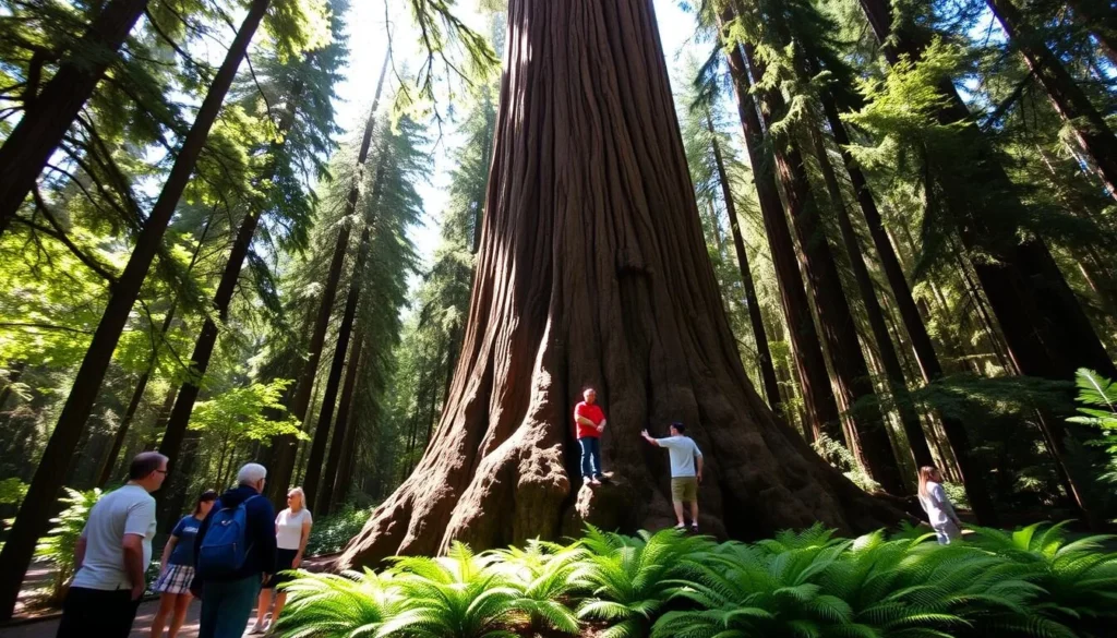 The majestic Colonel Armstrong Tree in Armstrong Redwoods State Natural Reserve with visitors for scale