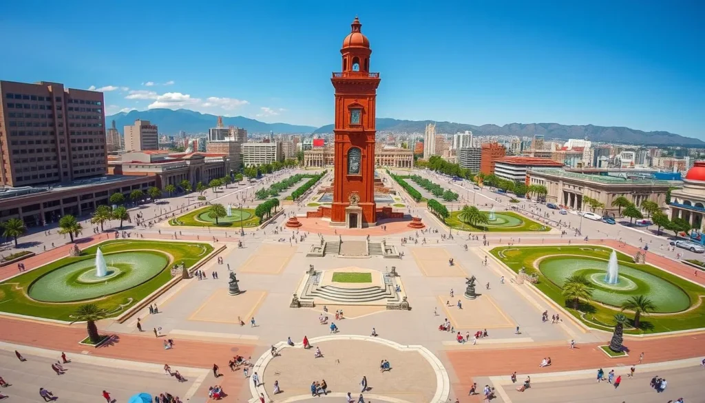 The massive Macroplaza in Monterrey with the iconic Faro del Comercio lighthouse tower