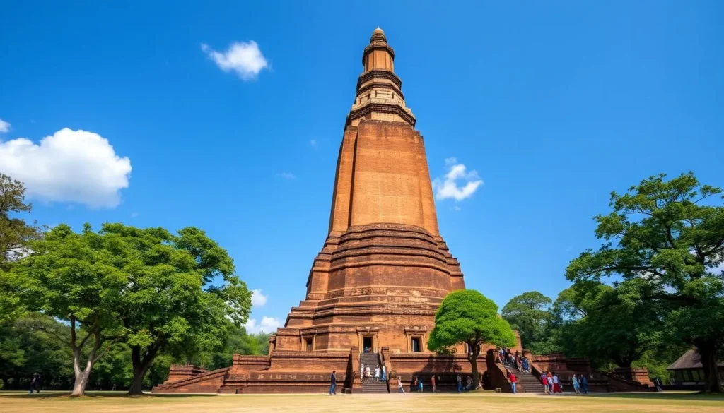 The massive brick structure of Jetavanaramaya Stupa towering above the surrounding landscape