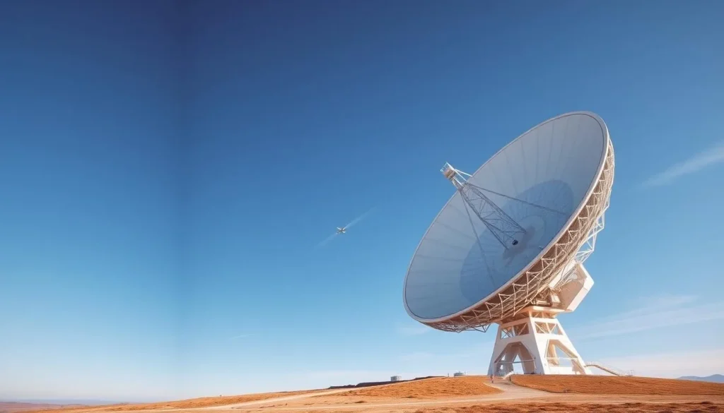 The massive dish of the Kalyazin Radio Astronomy Observatory against a blue sky