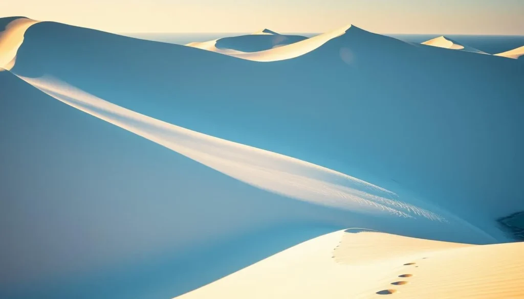 The massive white sand dunes at Arher Beach in Socotra with turquoise ocean in background