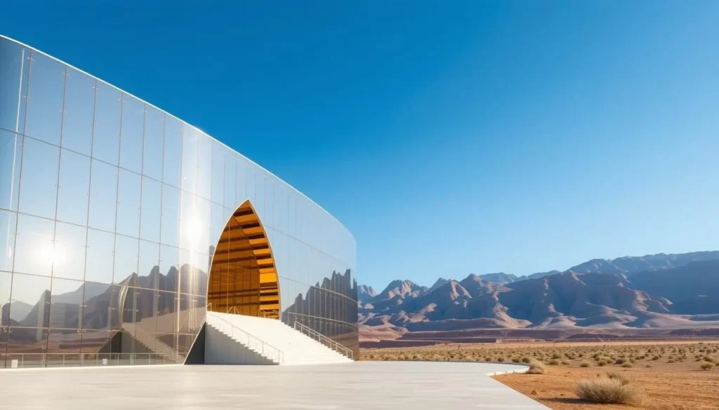 The mirrored facade of Maraya Concert Hall reflecting Al Ula's desert landscape The mirrored facade of Maraya Concert Hall reflecting Al Ula's desert landscape