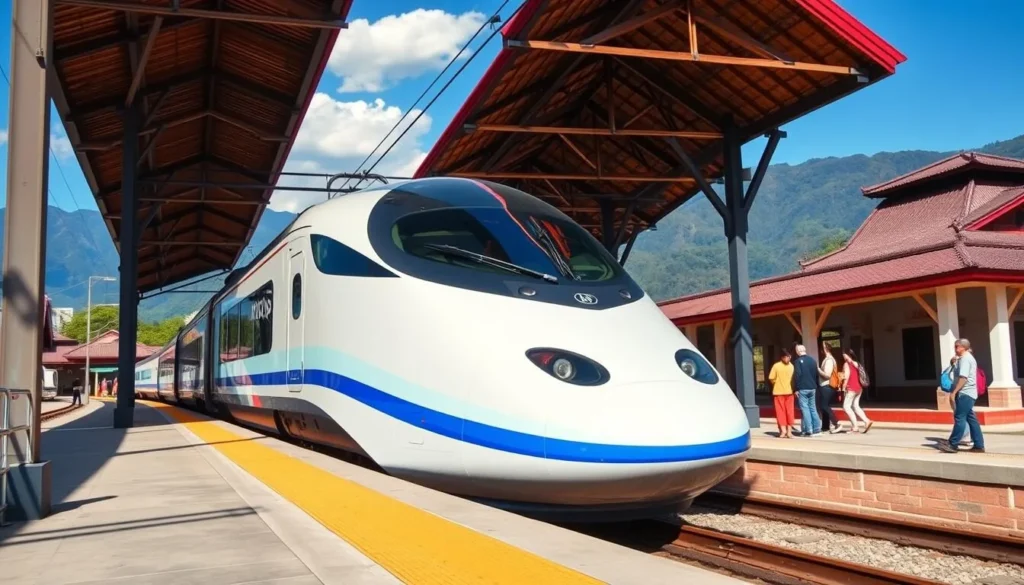 The modern Laos-China Railway train arriving at Luang Prabang station with mountains of the Luang Prabang Range in the background