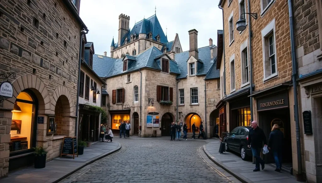 The narrow medieval streets of Mont Saint-Michel village with stone buildings and shops