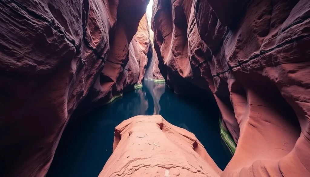 The narrow passage of Redbank Gorge with high red walls and cool water, a secluded West MacDonnell National Park thing to do