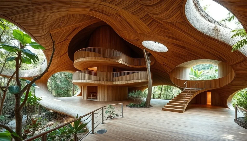 The organic architecture of SFER IK Museion in Tulum with its curved wooden structures integrated into the jungle