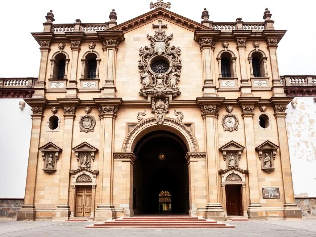 The ornate facade of the San Luis Obispo Monastery in Tlalmanalco showing detailed stonework and indigenous influences