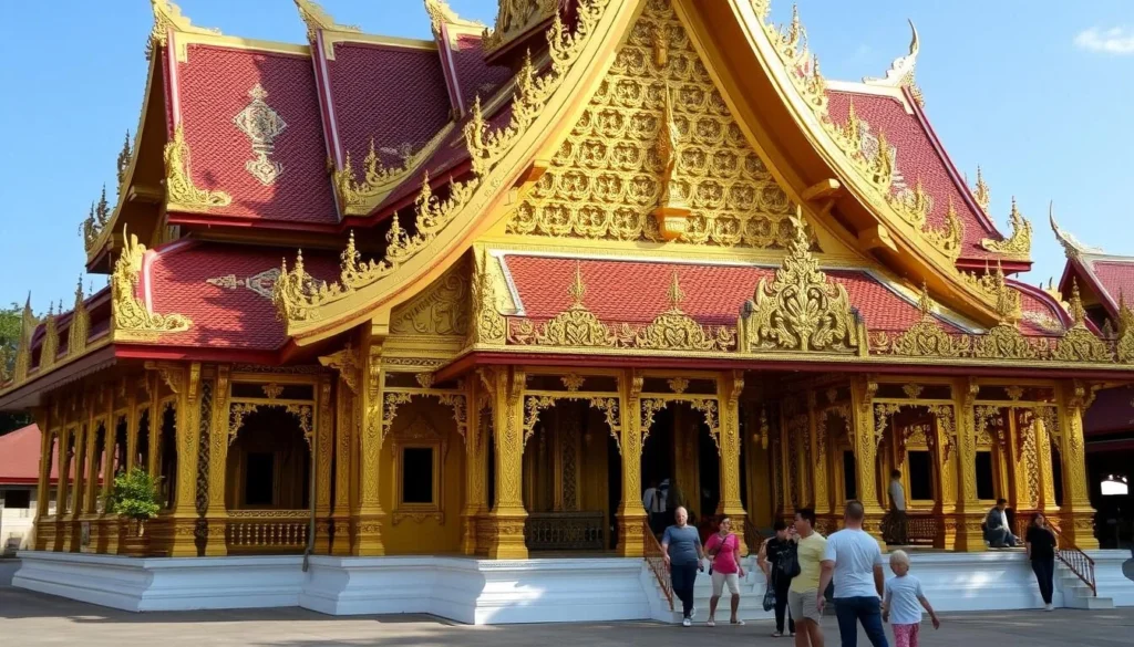 The ornate golden facade of Wat Xieng Thong temple, must-see attractions in Luang Prabang, Laos