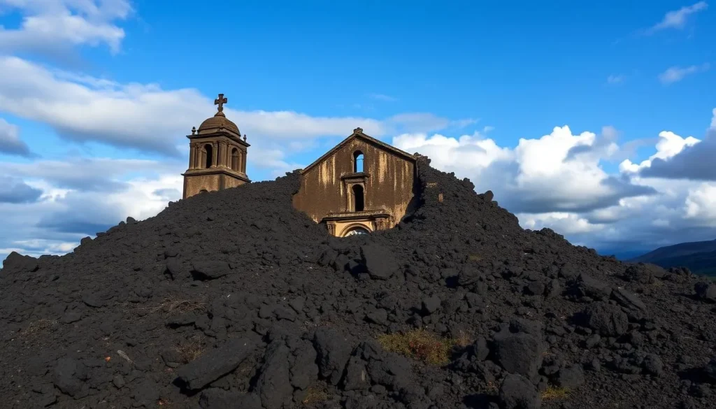 The partially buried church of San Juan Parangaricutiro with bell towers emerging from lava rock near Paricutin Volcano