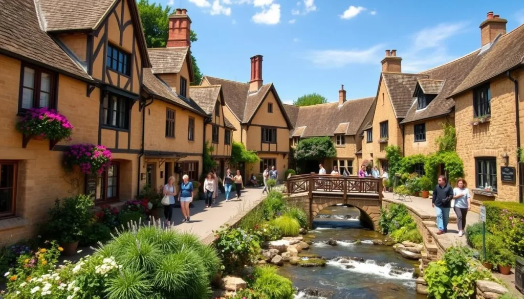 The picturesque Cotswold village of Castle Combe near Bath with stone cottages and flowering gardens