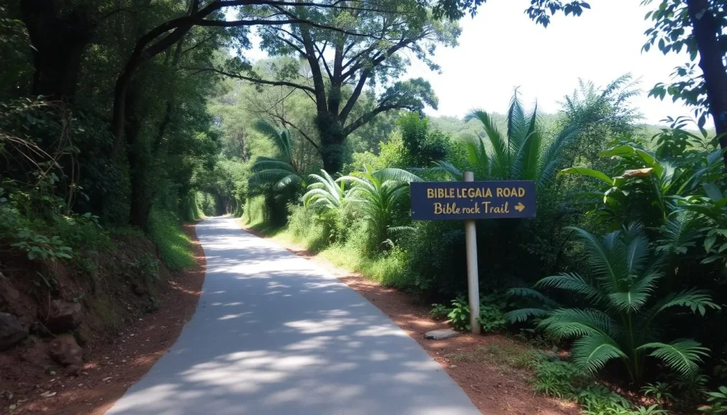 The road leading to Bible Rock trailhead with signage and surrounding greenery