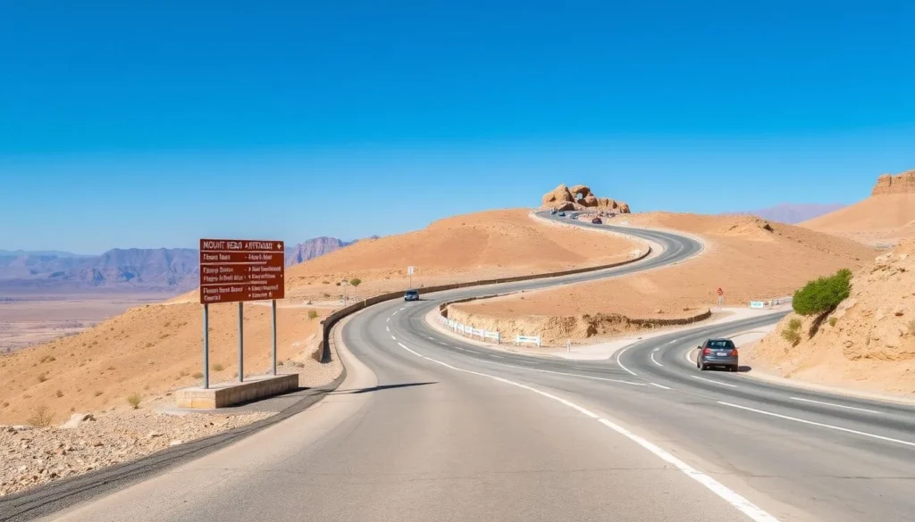 The road leading to Mount Nebo with signage and the entrance to the site