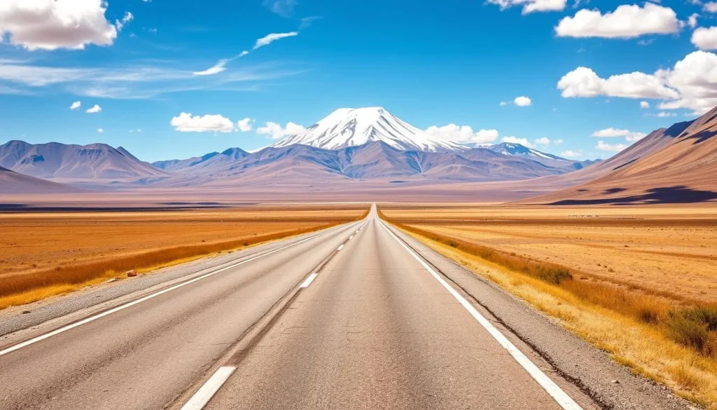 The road to Sajama National Park with mountains in the distance