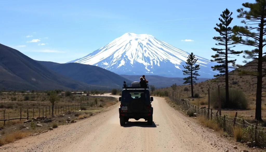 The road to Tlachichuca with Pico de Orizaba visible in the background and a 4WD vehicle on the dirt road