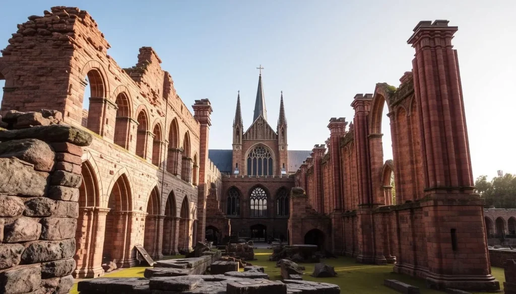 The ruins of Coventry Cathedral with the modern cathedral visible in the background