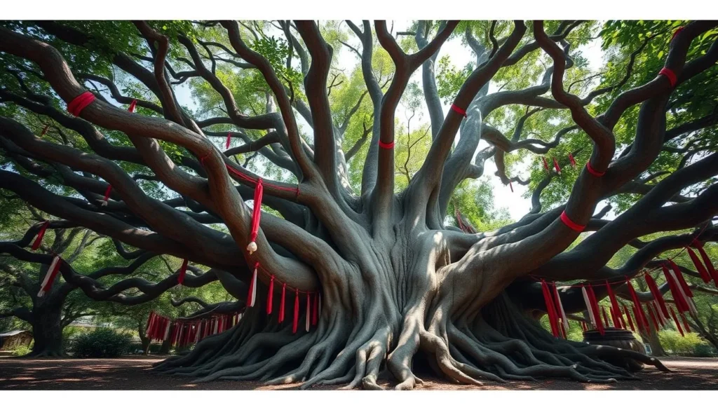 The sacred Mahatsingo Tree in Hell-Ville (Nosy Be), Madagascar with traditional cloth offerings
