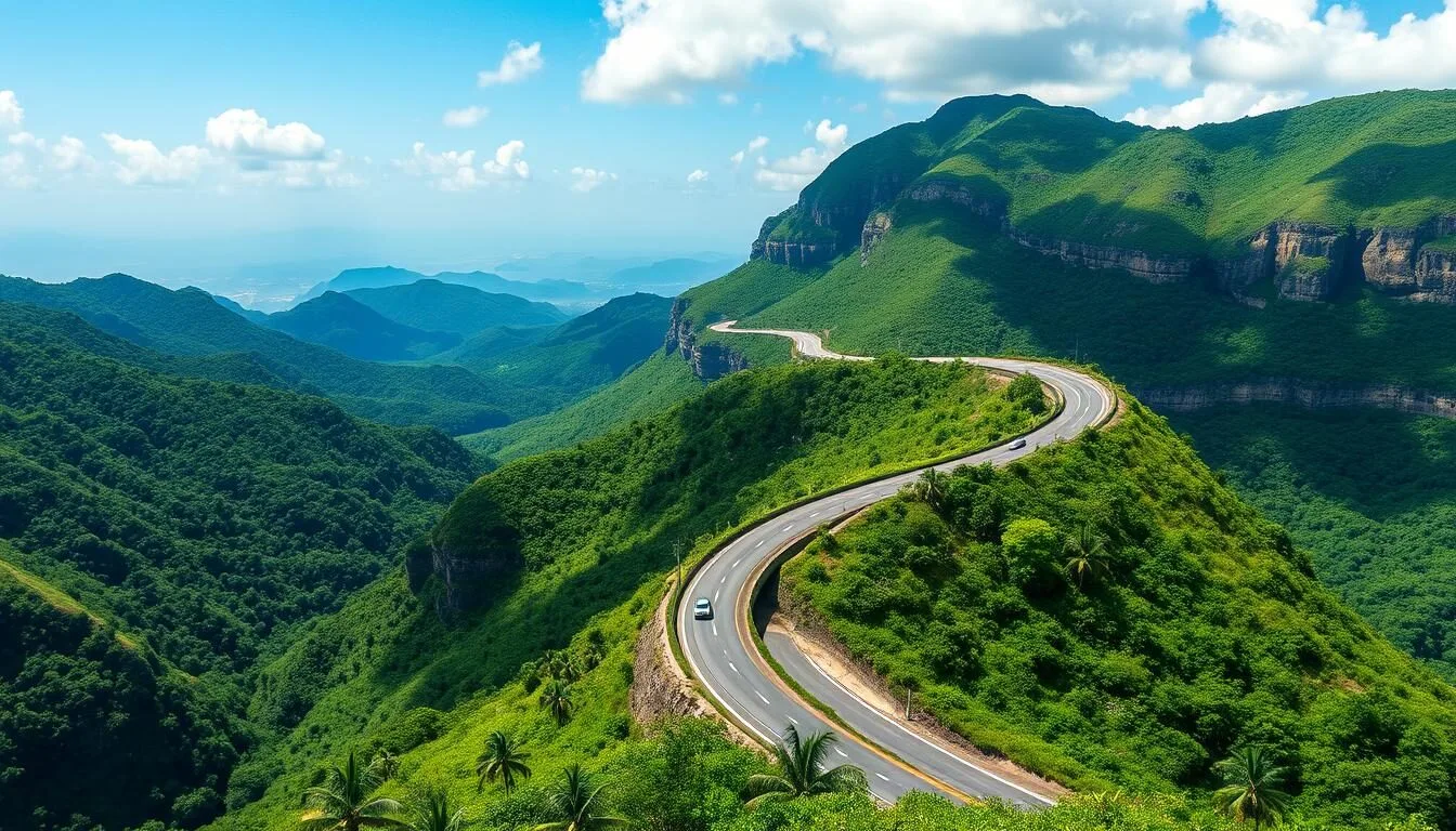 The scenic La Farola mountain road leading to Baracoa, Cuba with lush green mountains and winding roads