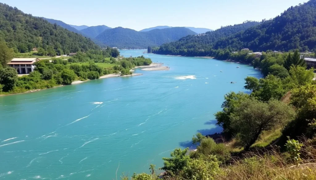 The scenic Torsa River flowing past Phuentsholing with green hills in the background