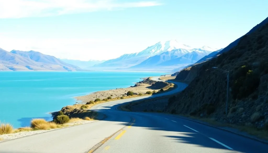 The scenic road along Lake Pukaki's western shore leading to Mount Cook