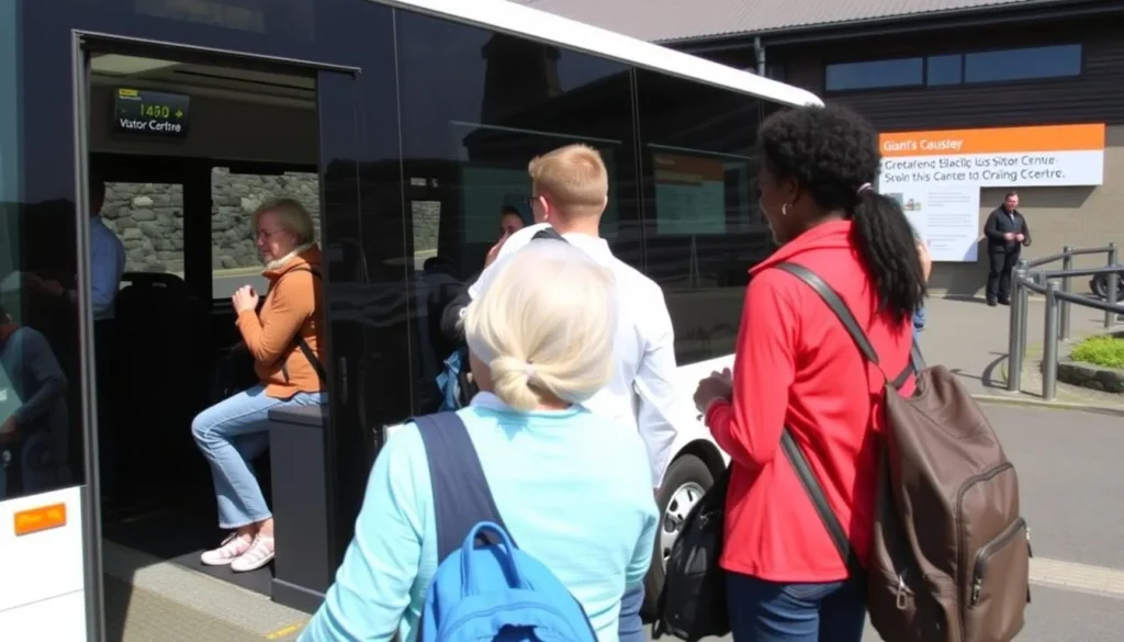 The shuttle bus service at Giant's Causeway with visitors boarding