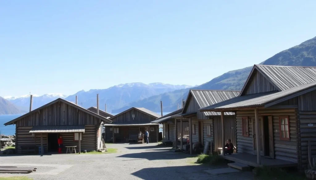 The small fishing village of Cochamo with traditional wooden buildings and mountains in the background