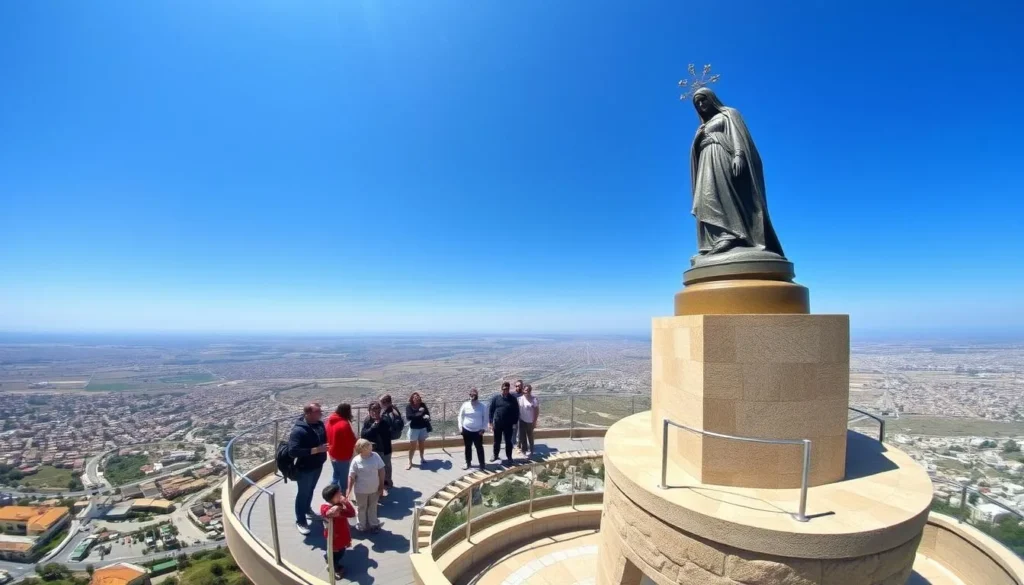 The statue of Our Lady of Zahle overlooking the city with visitors enjoying the panoramic view