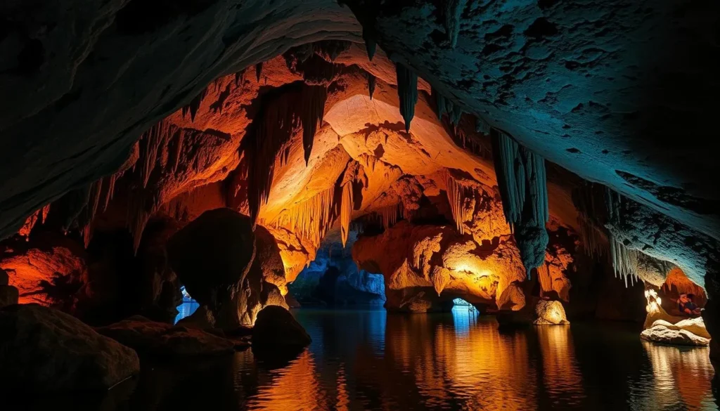 The stunning limestone formations inside Jeita Grotto with colorful lighting highlighting the stalactites and stalagmites The stunning limestone formations inside Jeita Grotto with colorful lighting highlighting the stalactites and stalagmites