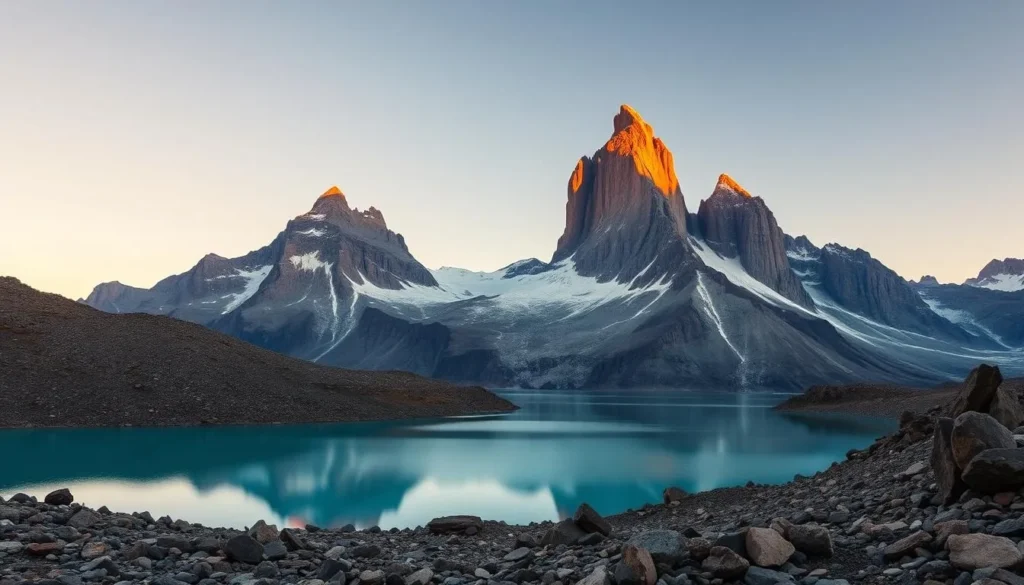 The three granite towers (Las Torres) of Torres del Paine reflected in the turquoise glacial lake at sunrise