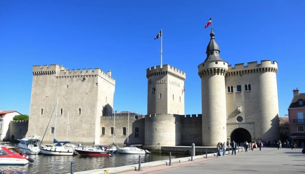 The three medieval towers guarding La Rochelle's Old Port on a clear day, iconic landmarks to visit in any season