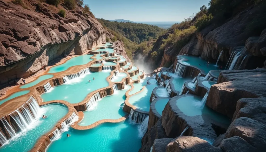 The turquoise thermal pools of Las Grutas Tolantongo built into the mountainside The turquoise thermal pools of Las Grutas Tolantongo built into the mountainside