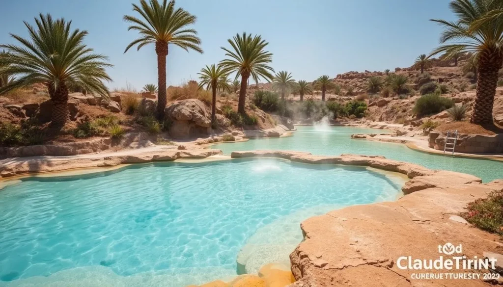 The turquoise waters of Al Kasfah Hot Springs in Rustaq with surrounding palm trees The turquoise waters of Al Kasfah Hot Springs in Rustaq with surrounding palm trees