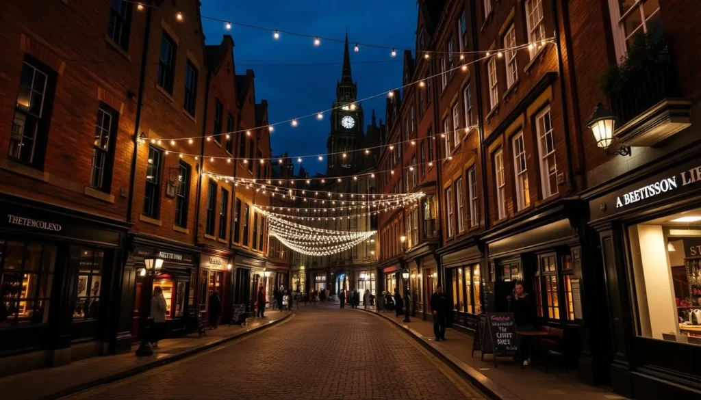 The vibrant Cathedral Quarter in Belfast at night with pubs, restaurants, and string lights creating an atmospheric scene