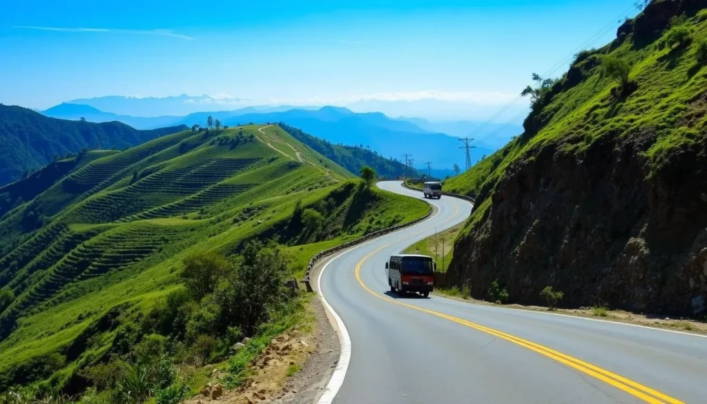 The winding road leading up to Bandipur from Dumre with mountain views