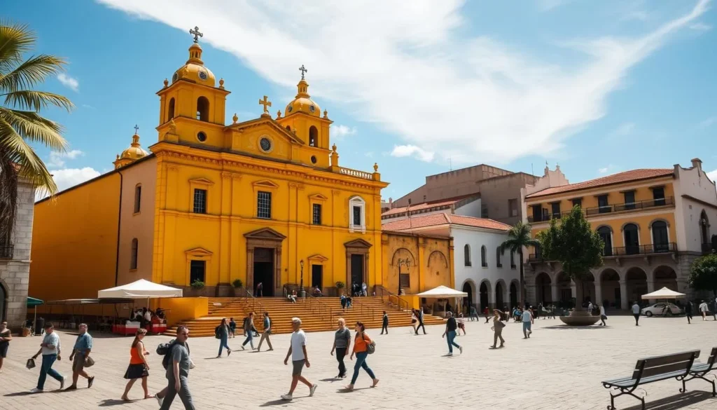 The yellow Cathedral of San Cristobal de las Casas with the main plaza in foreground