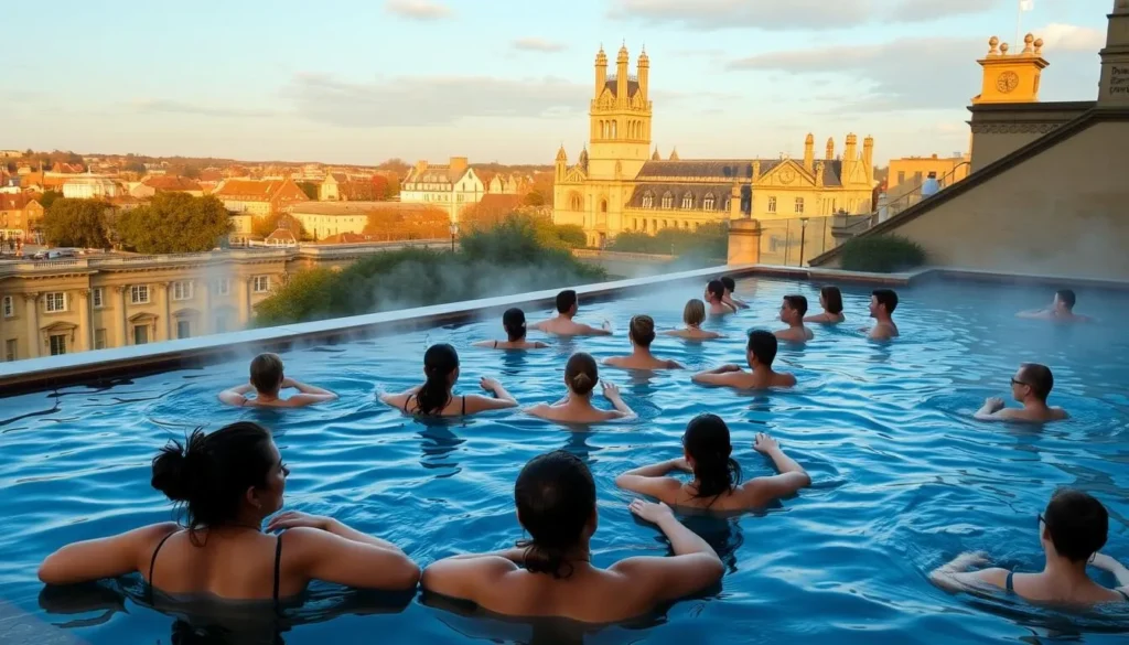 Thermae Bath Spa rooftop pool with people relaxing in the steaming water overlooking Bath's skyline