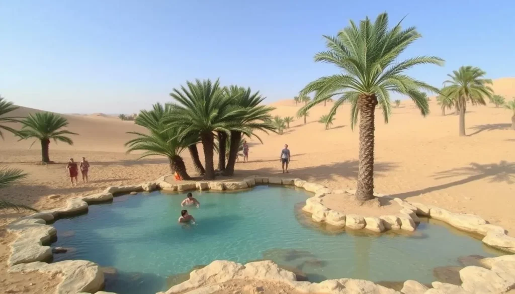 Thermal springs at Ksar Ghilane oasis near Jebil National Park with palm trees