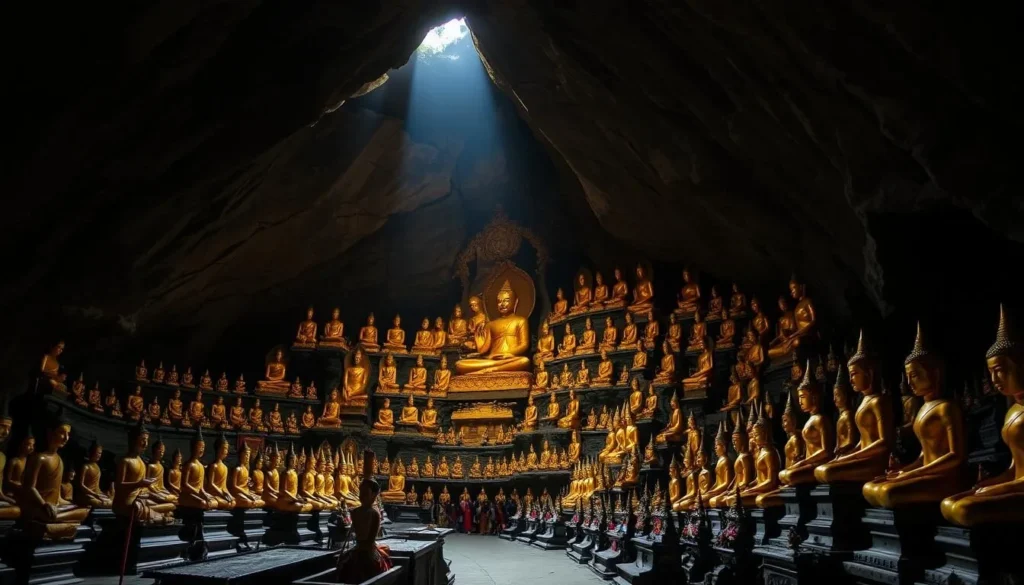 Thousands of Buddha statues inside the sacred Pak Ou Caves, day trips from Luang Prabang, Laos