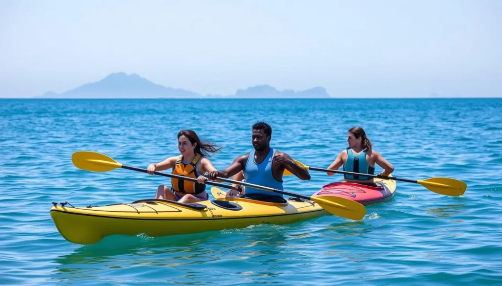 Three kayakers paddling near Mandalay State Beach with the Channel Islands in the background