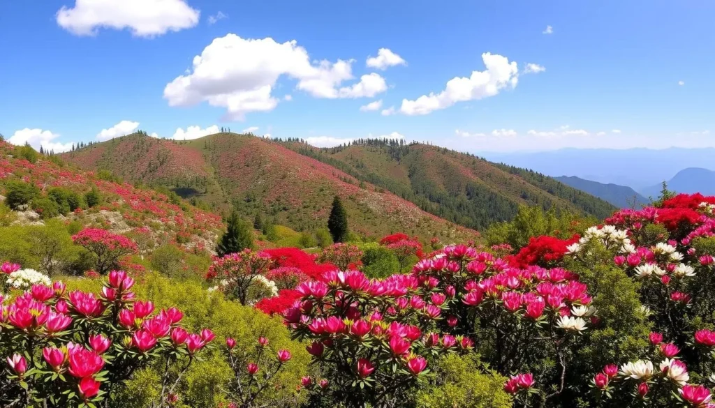 Thrumshingla National Park in spring with blooming rhododendrons covering the hillsides