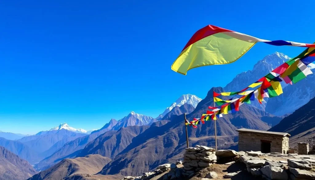 Thrumshingla Pass viewpoint with prayer flags and mountain panorama