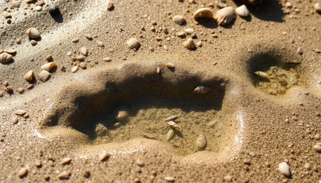 Tidal pools on San Jose Island with small marine creatures visible in the clear water surrounded by natural beach formations