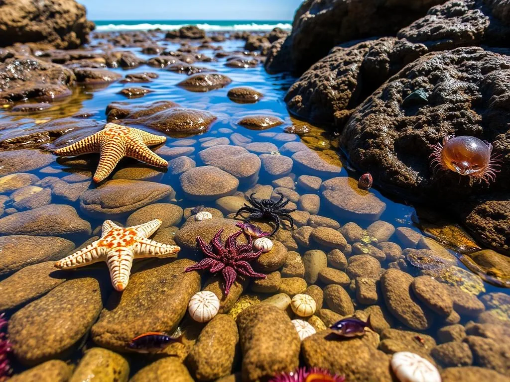 Tidal rock pools at Broulee Island Nature Reserve with marine life