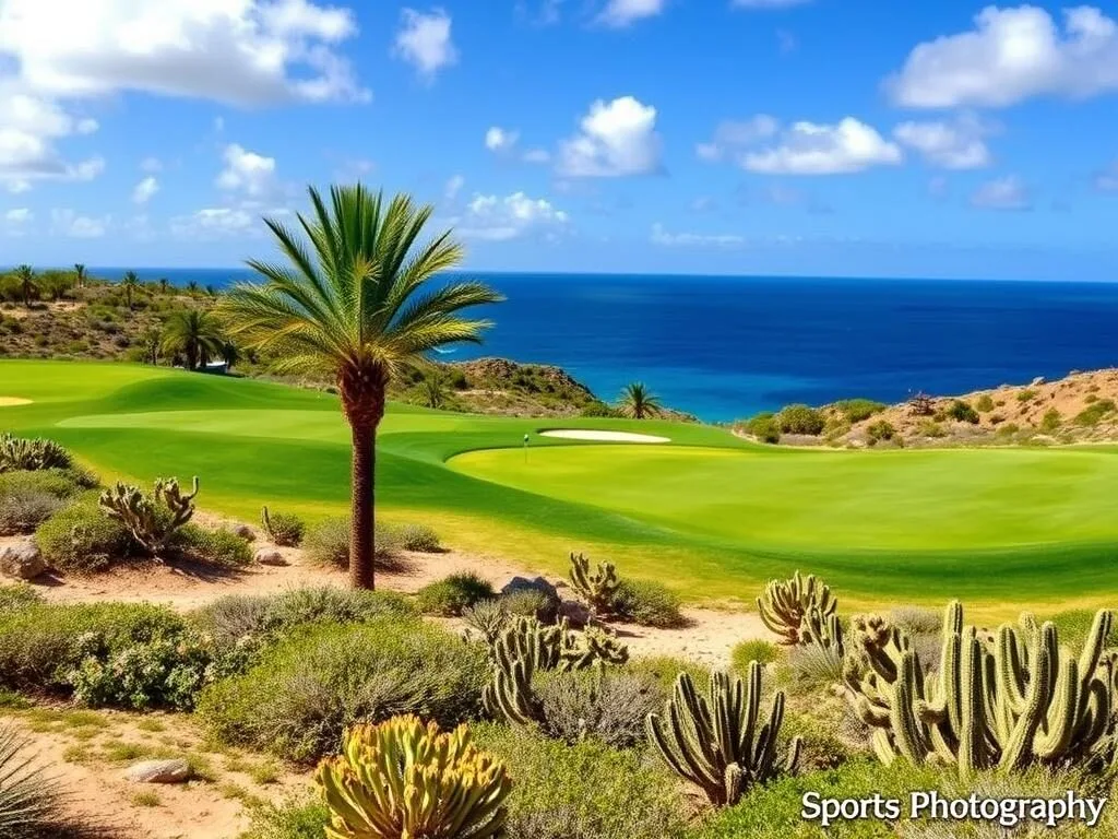 Tierra del Sol Golf Course near Malmok, Aruba showing green fairways against desert landscape with ocean views